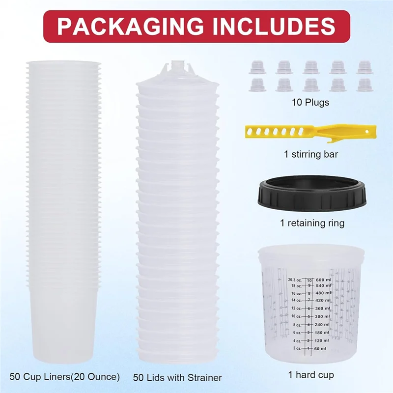 Paint Spray Cup, 50 Cup Liners (20 Oz), 50 Lids With Filters, 10 Plugs, 1 Hard Cup, 1 Retaining Ring, 1 Stirring Stick-ABUA
Paint Spray Cup, 50 Cup Liners (20 Oz), 50 Lids With Filters, 10 Plugs, 1 Hard Cup, 1 Retaining Ring, 1 Stirring Stick-ABUA