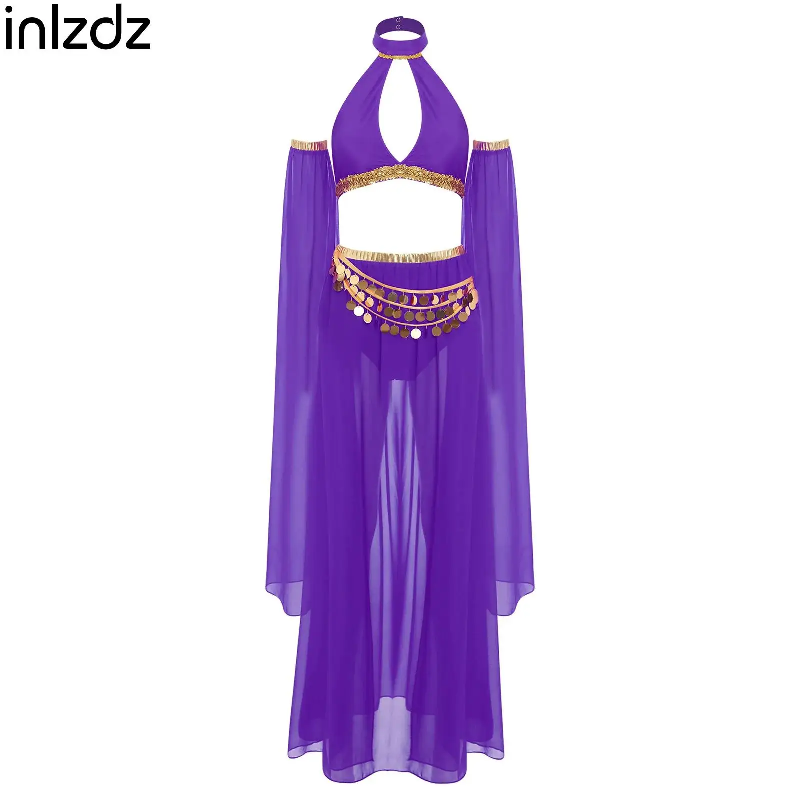 Womens Belly Dance Outfits Hollow Out Halter Crop Top Shorts Chiffon Skirt And Sleeves for Prom Party Ethnic Dance Stage Costume
Womens Belly Dance Outfits Hollow Out Halter Crop Top Shorts Chiffon Skirt And Sleeves for Prom Party Ethnic Dance Stage Costume