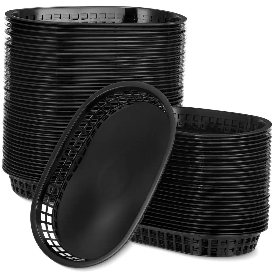 100 Pcs Fast Food Baskets 10.5 x 7 Inch Restaurant Tray Black Plastic Serving Baskets for Deli Serving, Chicken, Burgers, Picnic
100 Pcs Fast Food Baskets 10.5 x 7 Inch Restaurant Tray Black Plastic Serving Baskets for Deli Serving, Chicken, Burgers, Picnic
