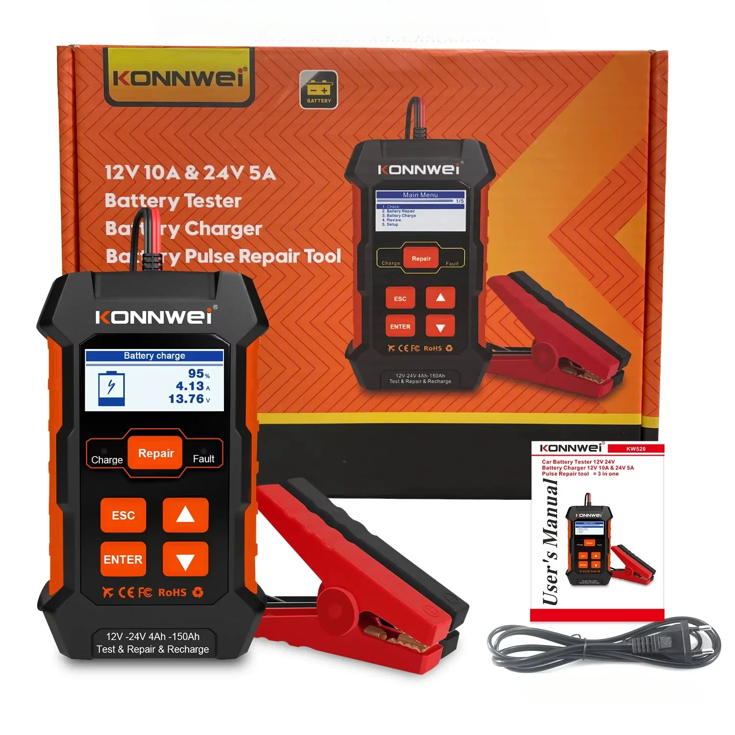 KONNWEI Professional Automotive Battery Tester KW520 Car Battery Test Charge Tool 12V/10A 24V/5A Car Battery Charger
KONNWEI Professional Automotive Battery Tester KW520 Car Battery Test Charge Tool 12V/10A 24V/5A Car Battery Charger