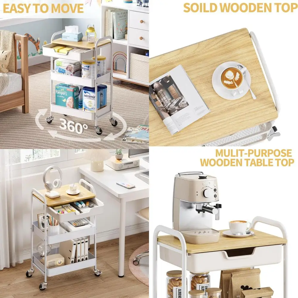 3-Tier Rolling Metal Cart with Wooden Top, White Kitchen Storage Organizer with Locking Wheels for Home, Office, Classroom
3-Tier Rolling Metal Cart with Wooden Top, White Kitchen Storage Organizer with Locking Wheels for Home, Office, Classroom