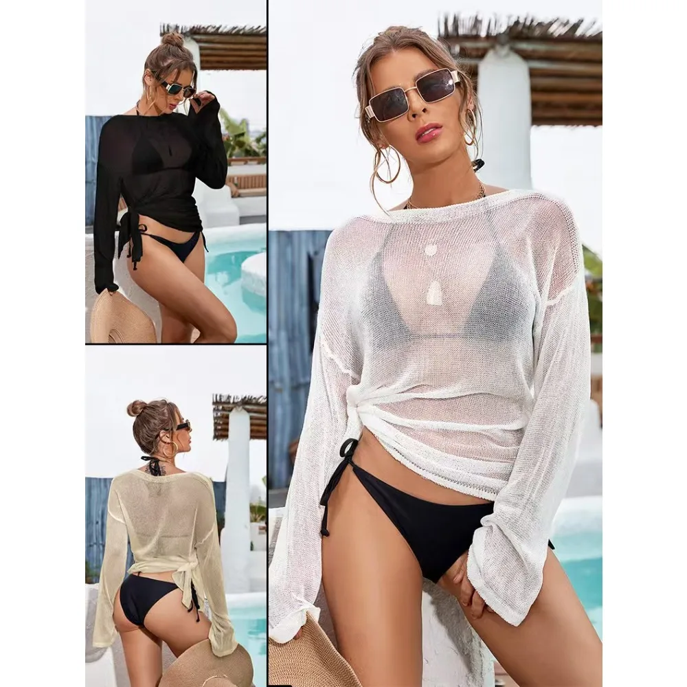 Sexy Sheer Top Women Loose Beach Sunscreen Solid Color Side Slit Knitted Sun Protection Cover Blouse
Sexy Sheer Top Women Loose Beach Sunscreen Solid Color Side Slit Knitted Sun Protection Cover Blouse