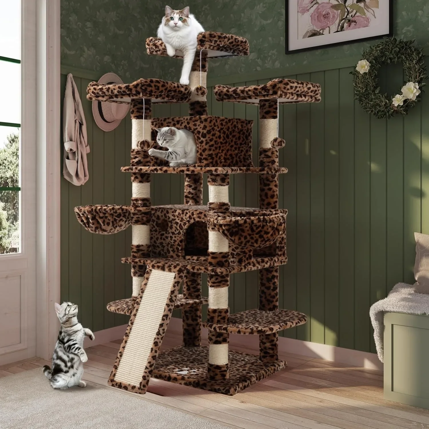68 Inches Multi-Level Large Cat Tree Tower with Cat Condo/Cozy Plush Cat Perches/Sisal Scratching Posts & Hammocks Leopard Print
68 Inches Multi-Level Large Cat Tree Tower with Cat Condo/Cozy Plush Cat Perches/Sisal Scratching Posts & Hammocks Leopard Print