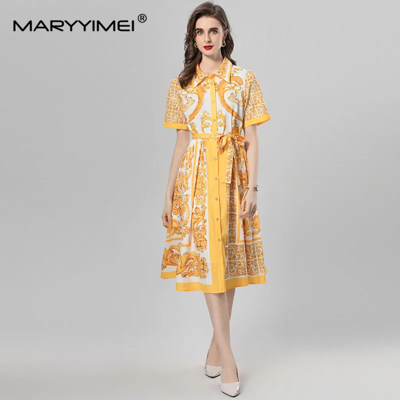 MARYYIMEI Summer Women's Dress Turn-Down Collar Short Sleeve Baroque Print Lace-Up Single Breasted Elegant Dresses
MARYYIMEI Summer Women's Dress Turn-Down Collar Short Sleeve Baroque Print Lace-Up Single Breasted Elegant Dresses
