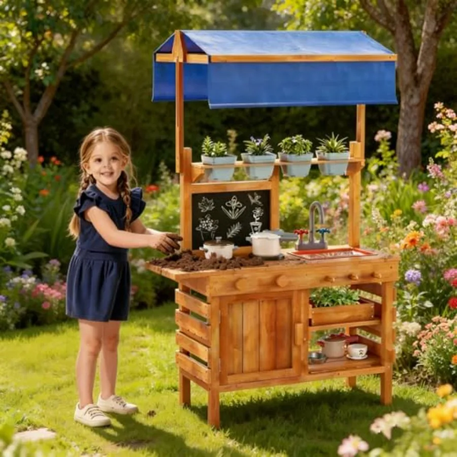 Outdoor mud kitchen for backyard play, fir wood construction, natural wood color, adjustable canopy and sink included
Outdoor mud kitchen for backyard play, fir wood construction, natural wood color, adjustable canopy and sink included
