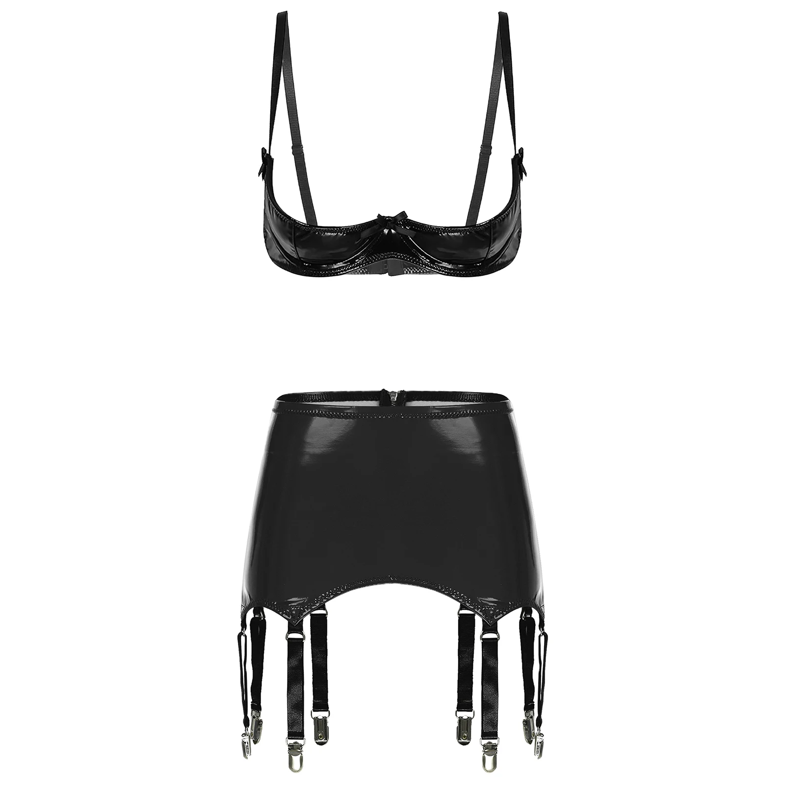 Women Wet Look PU Leather Lingerie Set 1/4 Cup Push-up Underwire Bra Top Bodycon Miniskirt with Garter Clips Rave Party Clubwear
Women Wet Look PU Leather Lingerie Set 1/4 Cup Push-up Underwire Bra Top Bodycon Miniskirt with Garter Clips Rave Party Clubwear
