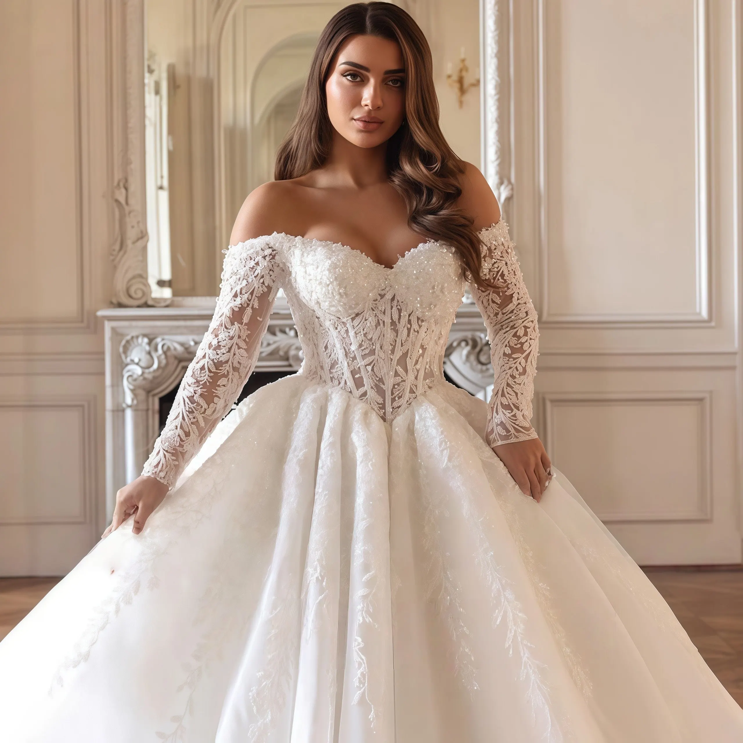 Customized Exquisite Off Shoulder Wedding Dress Sweetheart Lace Long Sleeve A-line Wedding Dress Exquisite Bridal Ball Dress
Customized Exquisite Off Shoulder Wedding Dress Sweetheart Lace Long Sleeve A-line Wedding Dress Exquisite Bridal Ball Dress