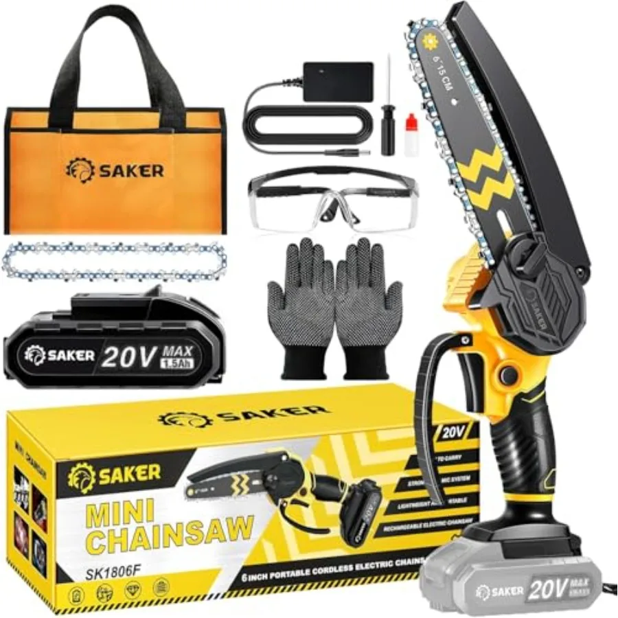 Mini chainsaw for woodworking and wood trimming lithium-ion powered black and gray 6-inch bar with safety switch lock and cordl
Mini chainsaw for woodworking and wood trimming lithium-ion powered black and gray 6-inch bar with safety switch lock and cordl