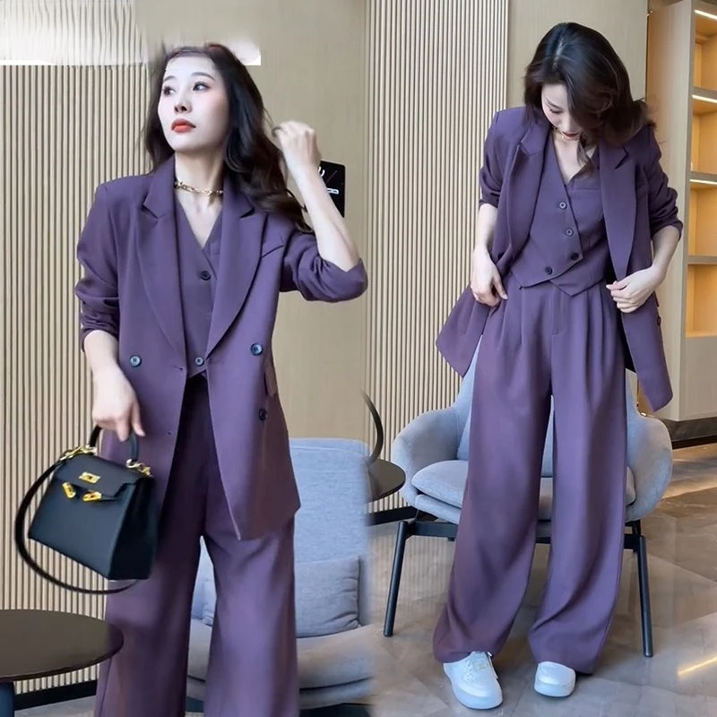 Spring New Korean Style Suit Jacket Blazer Vest Wide Leg Pants Three Piece Set Elegant Women's Office Suit Set Outfits
Spring New Korean Style Suit Jacket Blazer Vest Wide Leg Pants Three Piece Set Elegant Women's Office Suit Set Outfits