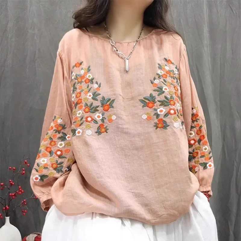 Женская льняная блузка с цветочной вышивкой, круглым вырезом и рукавом три четверти, свободный повседневный топ
Женская льняная блузка с цветочной вышивкой, круглым вырезом и рукавом три четверти, свободный повседневный топ