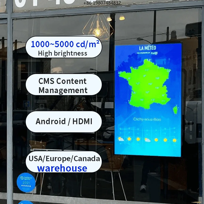 55 Inch High Brightness Hanging Window Display Advertising, 2500nit 4000 Nit Facing Window LCD Digital Signage and Displays
55 Inch High Brightness Hanging Window Display Advertising, 2500nit 4000 Nit Facing Window LCD Digital Signage and Displays