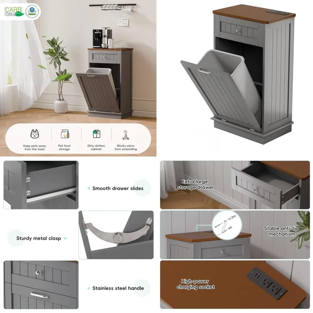 10 Gallon Double Trash Bin Cabinet with Power Outlets and Storage for Kitchen or Living Room - Grey
10 Gallon Double Trash Bin Cabinet with Power Outlets and Storage for Kitchen or Living Room - Grey
