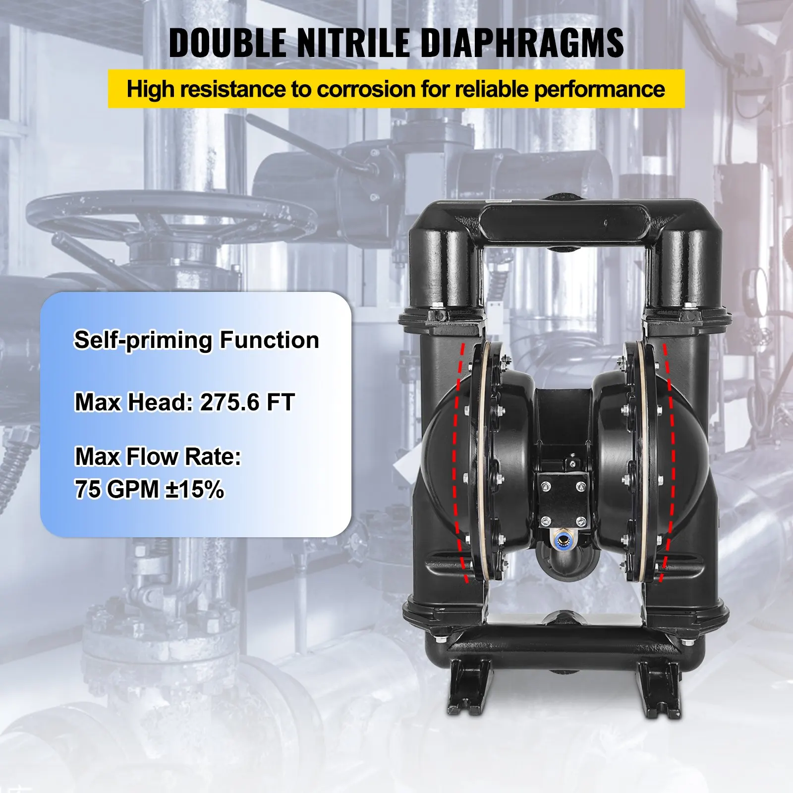 Air-Operated Double Diaphragm Pump, 2 Inch Inlet & Outlet, Aluminum Alloy Body, 75 GPM & Max 120PSI, Nitrile Diaphragm Transfer
Air-Operated Double Diaphragm Pump, 2 Inch Inlet & Outlet, Aluminum Alloy Body, 75 GPM & Max 120PSI, Nitrile Diaphragm Transfer