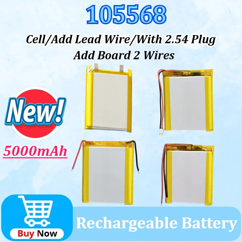 Upgraded 105568 3.7V 5000mAh Lithium Polymer Battery for Power Bank Hand Warmer LED Light Smart Robot Rechargeable Batteries
Upgraded 105568 3.7V 5000mAh Lithium Polymer Battery for Power Bank Hand Warmer LED Light Smart Robot Rechargeable Batteries