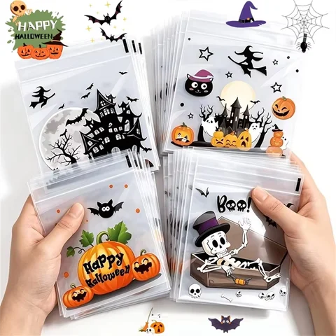100 sztuk małych torebek na Halloween, przezroczyste samoprzylepne torebki na cukierki, plastikowe torebki na ciasteczka na „Cukierek albo psikus”, torebki na upominki na Halloween