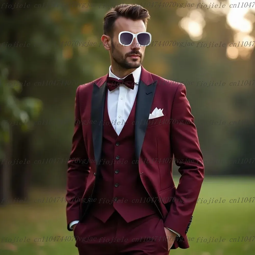Мужской костюм с черным воротником, бордовый, официальная свадебная вечеринка, жених, жених, мужские смокинги, комплект из трех предметов на заказ, куртка, жилет, брюки 
Мужской костюм с черным воротником, бордовый, официальная свадебная вечеринка, жених, жених, мужские смокинги, комплект из трех предметов на заказ, куртка, жилет, брюки