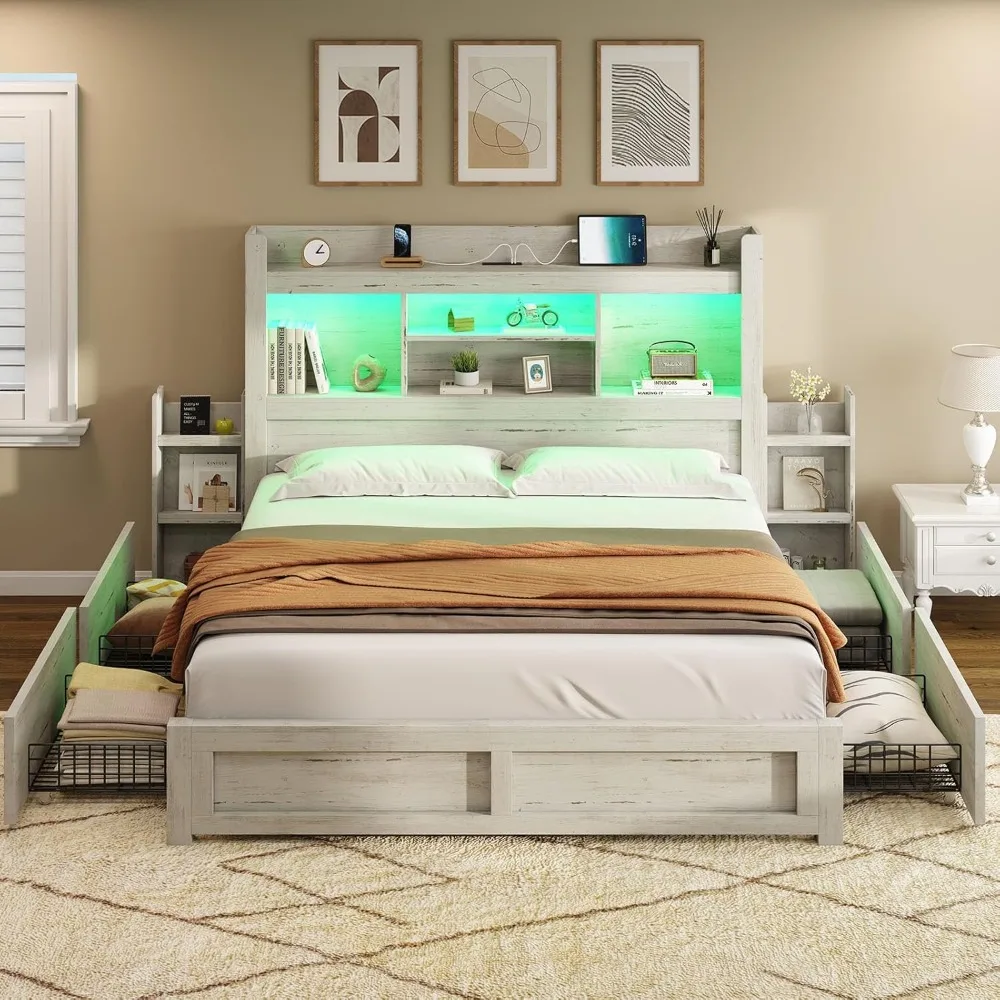 Queen Size Bed Frame with 4 Storage Drawer, LED Bed Frame with 49.6" Tall Bookcase Headboard, Platform Bed with Charging Station
Queen Size Bed Frame with 4 Storage Drawer, LED Bed Frame with 49.6" Tall Bookcase Headboard, Platform Bed with Charging Station