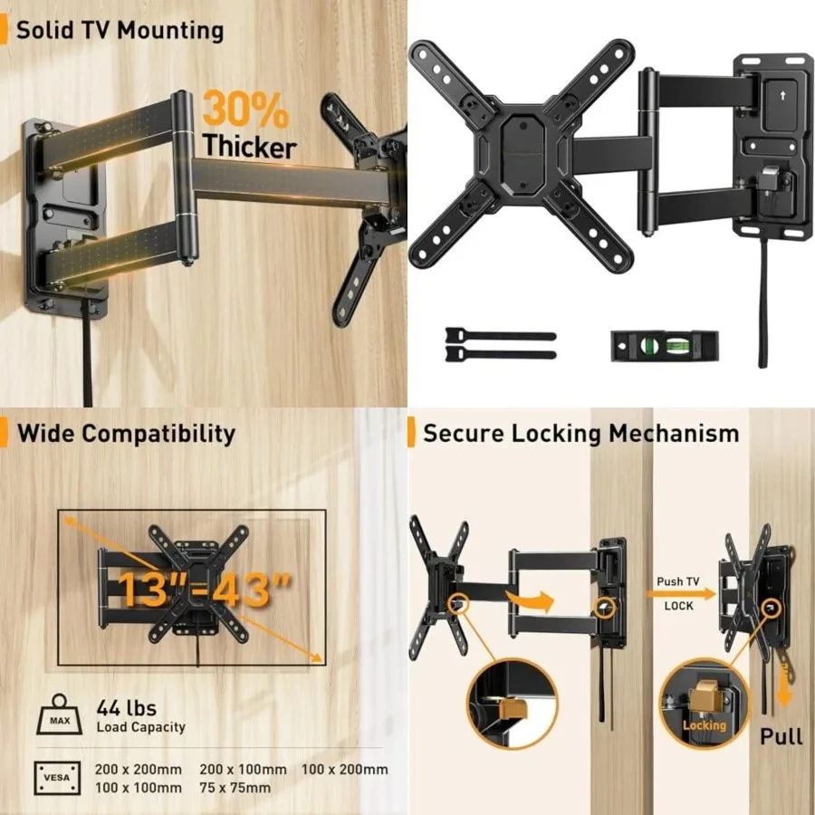 Lockable RV TV Mount for 13–43 inch TVs up to 44 lbs, Full Motion RV TV Wall Mount with Swivel, Tilt, Pull Cord Lock, RV TV Mount for Camper, RV, Motorhome, Max VESA 200x200mm
Lockable RV TV Mount for 13–43 inch TVs up to 44 lbs, Full Motion RV TV Wall Mount with Swivel, Tilt, Pull Cord Lock, RV TV Mount for Camper, RV, Motorhome, Max VESA 200x200mm