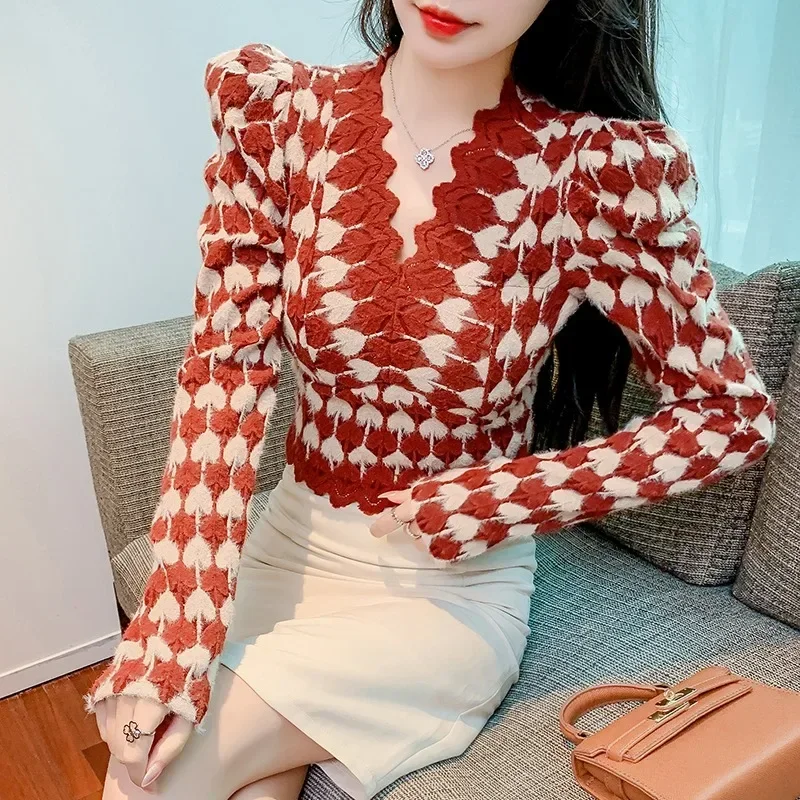 Casual V-neck Puff Long Sleeve Lace Shirt Autumn Love Printed Slim Bottoming Blouse Fashion Hook Flower Hollow Office Tops 29911
Casual V-neck Puff Long Sleeve Lace Shirt Autumn Love Printed Slim Bottoming Blouse Fashion Hook Flower Hollow Office Tops 29911