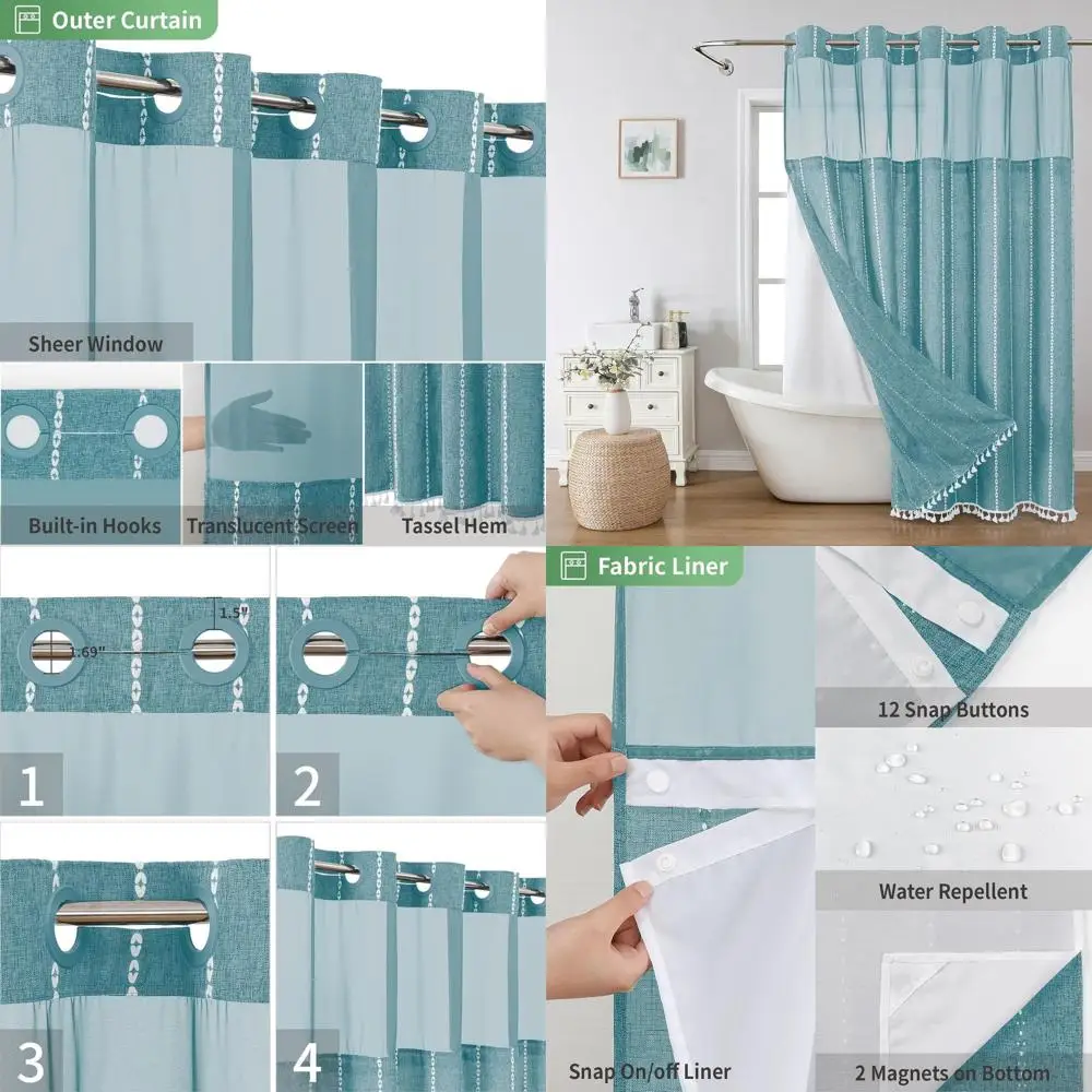Boho Chic Striped Shower Curtain Set with Snap-in Liner, Linen Texture, Tassels, Water-Resistant, Teal, 71x86
Boho Chic Striped Shower Curtain Set with Snap-in Liner, Linen Texture, Tassels, Water-Resistant, Teal, 71x86