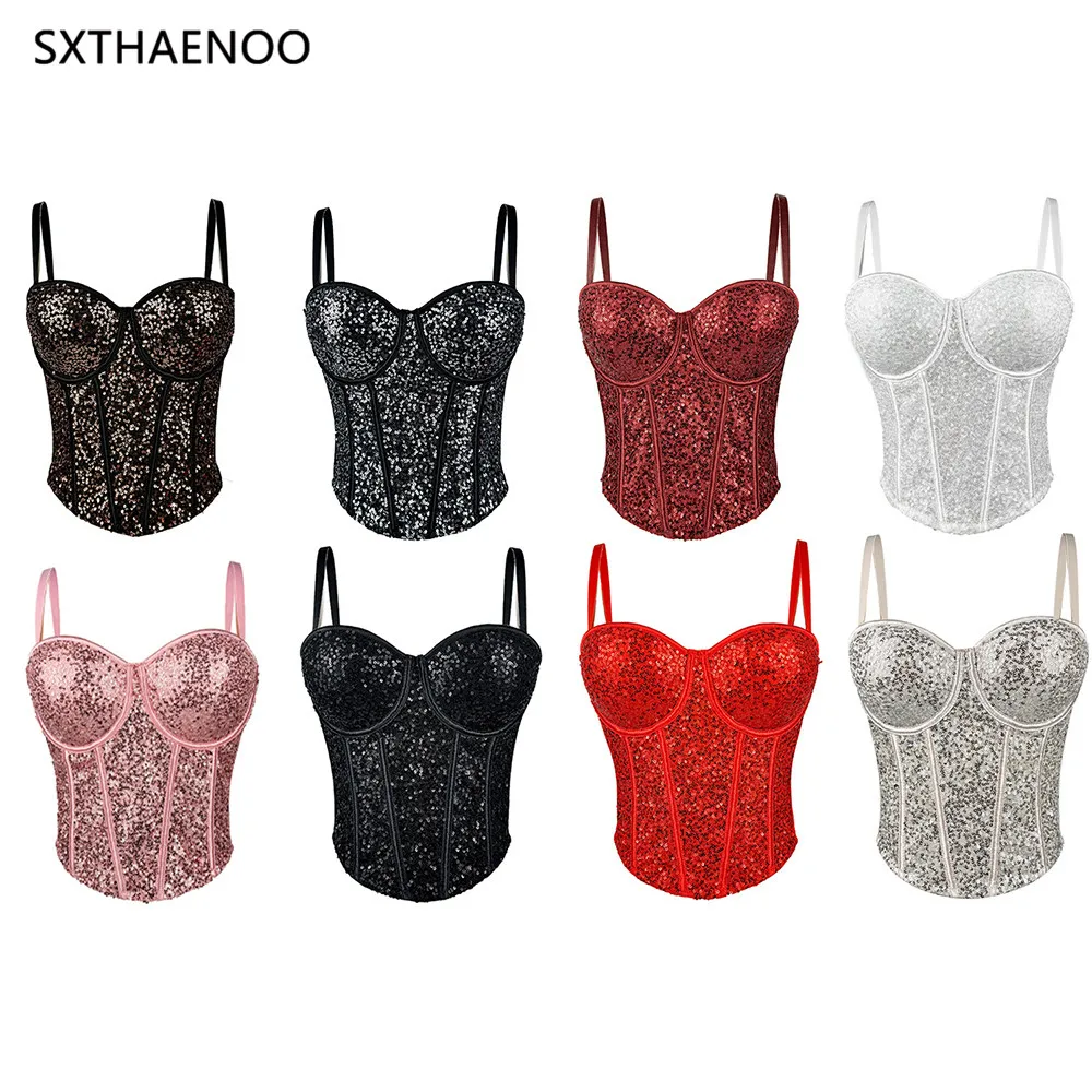 SXTHAENOO Women's Adjustable Strap Sequins Sheer Mesh Corset Crop Top with Boning Support Push Up Bustier Camisole For PartyWear
SXTHAENOO Women's Adjustable Strap Sequins Sheer Mesh Corset Crop Top with Boning Support Push Up Bustier Camisole For PartyWear