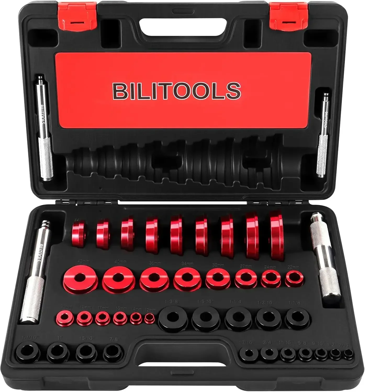 43-piece bearing race & seal driver set, complete adapter kit for wheel bearing installation.
43-piece bearing race & seal driver set, complete adapter kit for wheel bearing installation.