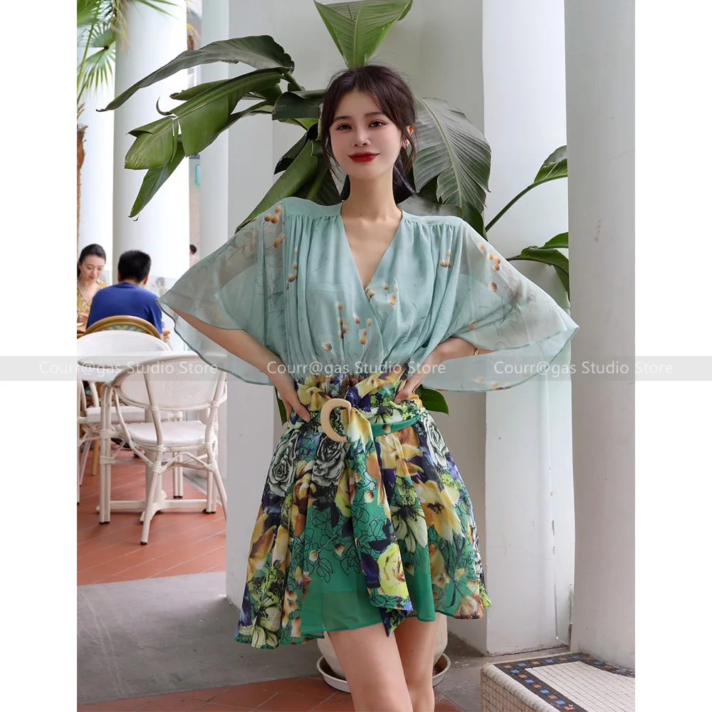 Summer New Fresh Green French V-Neck Printed Belt Wrap Holiday Dresses Short Dresses Women
Summer New Fresh Green French V-Neck Printed Belt Wrap Holiday Dresses Short Dresses Women