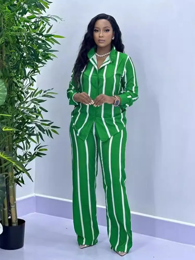 African Women Fashion Stripe Two Piece Set 2025 Spring Autumn Casual Button Long Sleeve Shirt Wide Leg Pant Two Piece Set Outfit
African Women Fashion Stripe Two Piece Set 2025 Spring Autumn Casual Button Long Sleeve Shirt Wide Leg Pant Two Piece Set Outfit