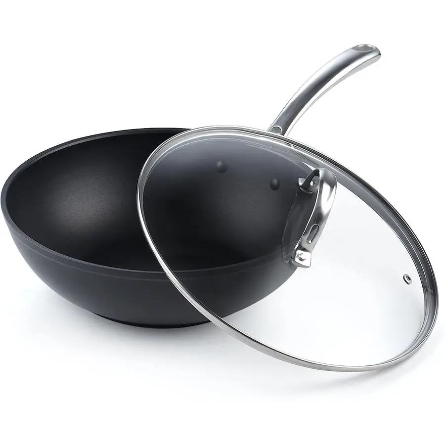 Nonstick StirFry Wok Pan 11Inch, Hard Anodized Deep Frying Pan with Glass Lid, Flat Bottom, Black
Nonstick StirFry Wok Pan 11Inch, Hard Anodized Deep Frying Pan with Glass Lid, Flat Bottom, Black