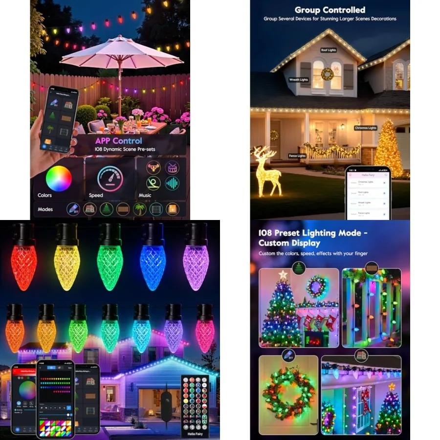 100 LED RGB C9 String Light with Remote, App Control, Music Sync, Connectable Waterproof Christmas Lights for House Tree Patio
100 LED RGB C9 String Light with Remote, App Control, Music Sync, Connectable Waterproof Christmas Lights for House Tree Patio