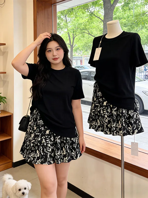 Loose Fit Summer New round Neck Black T-Shirt High Waist Floral Half Skirt Set Women's Fashion Casual Wear Two Piece Suit
Loose Fit Summer New round Neck Black T-Shirt High Waist Floral Half Skirt Set Women's Fashion Casual Wear Two Piece Suit