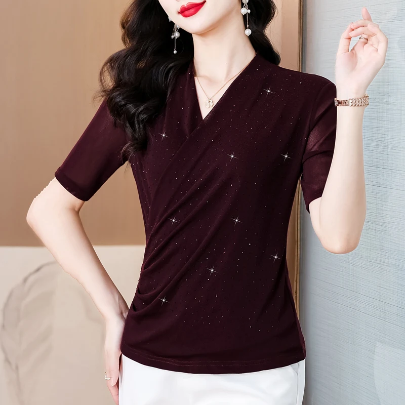 Summer Women Clothing Short Sleeve Diamond Tops Fashion Casual Shirt Slim V Neck Cross Mesh T Shirt
Summer Women Clothing Short Sleeve Diamond Tops Fashion Casual Shirt Slim V Neck Cross Mesh T Shirt