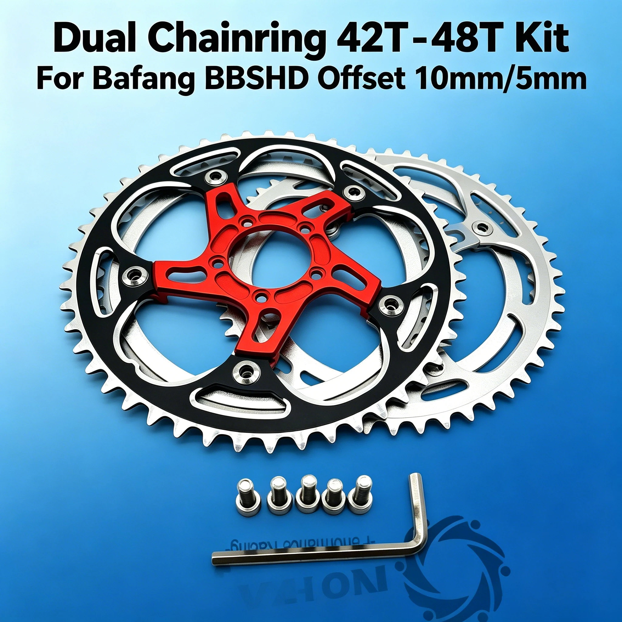 42T‑48T Dual Chainring Kit, 5mm/10mm Offset Narrow‑Wide Chain Ring for Bafang BBSHD Mid‑Drive E‑Bike Motor
42T‑48T Dual Chainring Kit, 5mm/10mm Offset Narrow‑Wide Chain Ring for Bafang BBSHD Mid‑Drive E‑Bike Motor