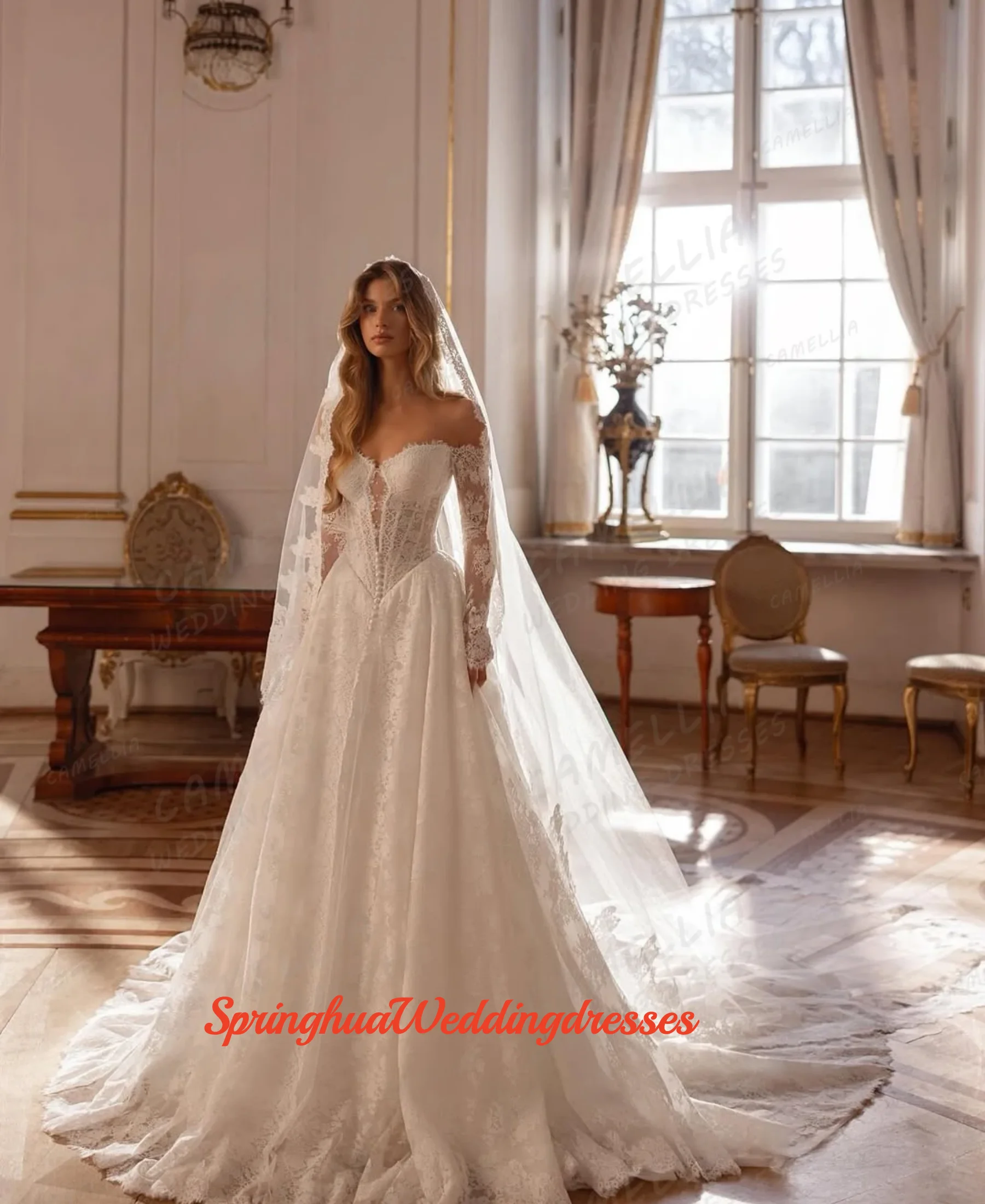 Customized Elegant Appliques Wedding Dresses Women A Line Long Sleeve Tulle Bridal Gowns Sweep Train Formal Vestidos De Novia
Customized Elegant Appliques Wedding Dresses Women A Line Long Sleeve Tulle Bridal Gowns Sweep Train Formal Vestidos De Novia