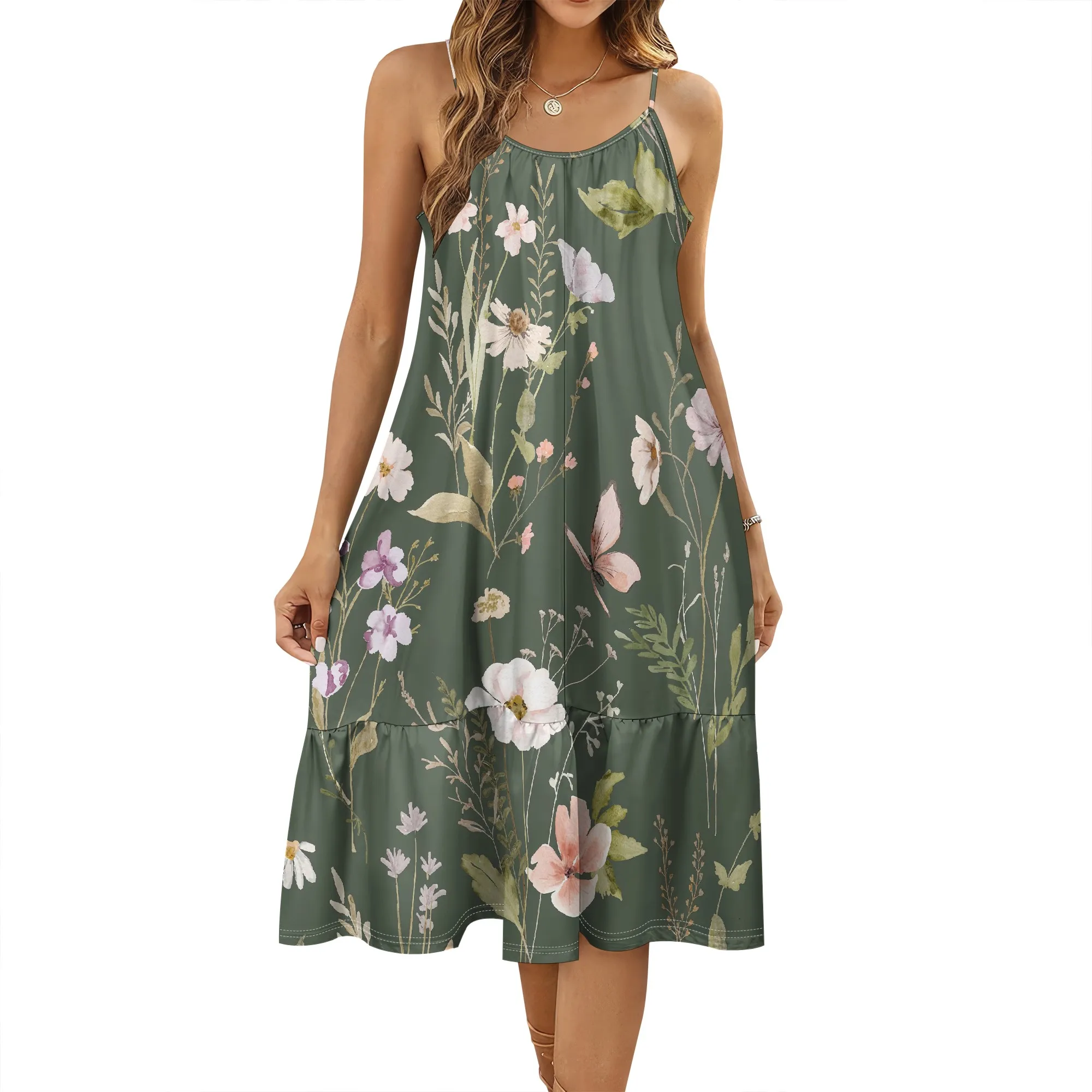 Women's Green Floral Sundress Spaghetti Strap Watercolor Print Summer Casual Midi Dress Vacation Style
Women's Green Floral Sundress Spaghetti Strap Watercolor Print Summer Casual Midi Dress Vacation Style