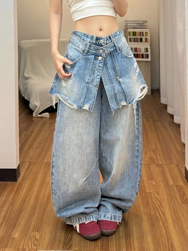 Women's Retro Ripped Detachable Flare Leg Jeans Pockets Patchwork Fake Two-Piece Denim High Street Knife Straight Leg Pants
Women's Retro Ripped Detachable Flare Leg Jeans Pockets Patchwork Fake Two-Piece Denim High Street Knife Straight Leg Pants