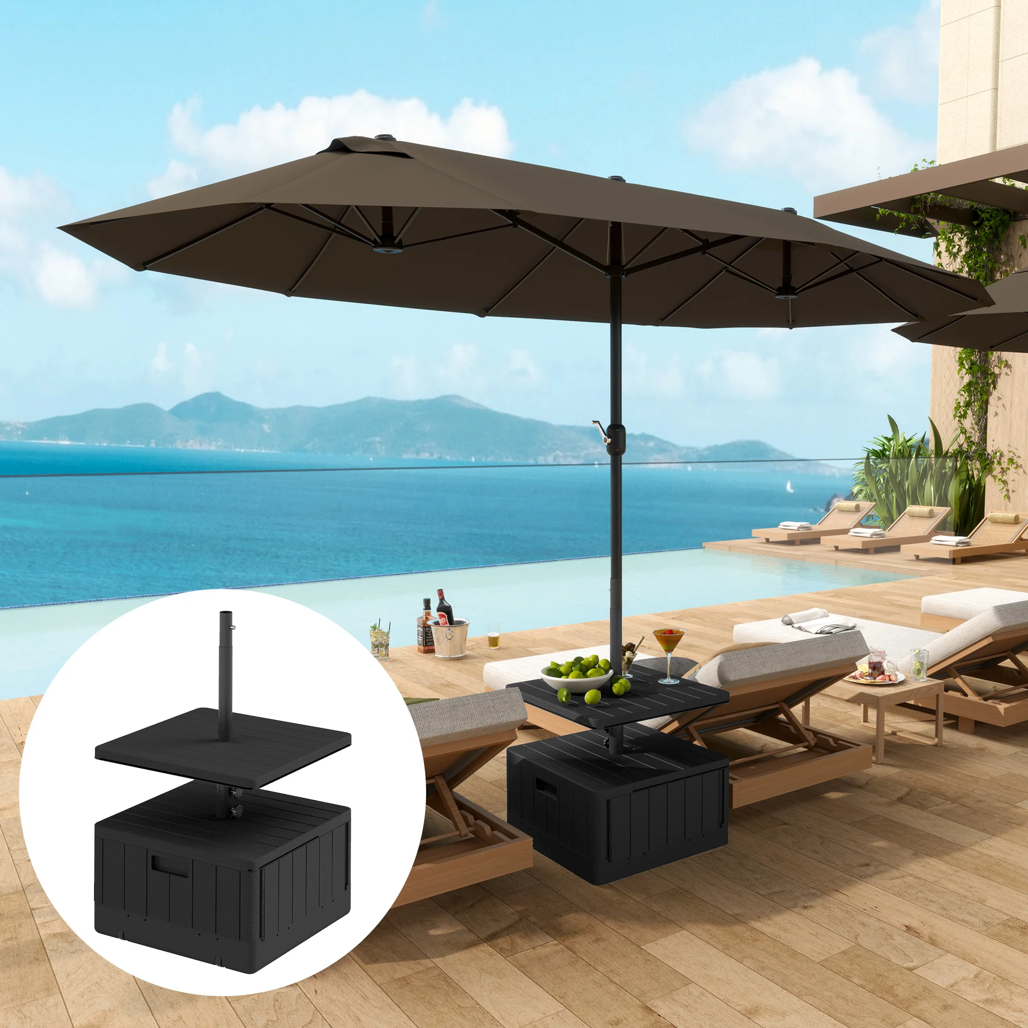Heavy Duty 176lb Patio Umbrella Base with Table Tray Wheels Handles HDPE 3 in 1 Stand Fits 15-19in Pole Black
Heavy Duty 176lb Patio Umbrella Base with Table Tray Wheels Handles HDPE 3 in 1 Stand Fits 15-19in Pole Black