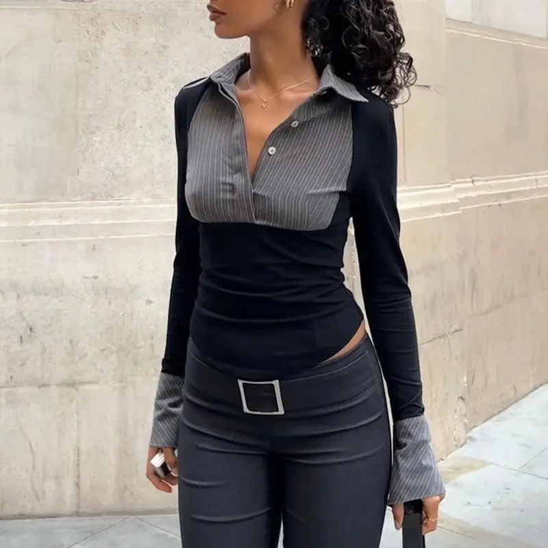 Color-Block Long Sleeve Shirt Top for Women 2025 Autumn Outerwear Slim Fit Short T-Shirt
Color-Block Long Sleeve Shirt Top for Women 2025 Autumn Outerwear Slim Fit Short T-Shirt