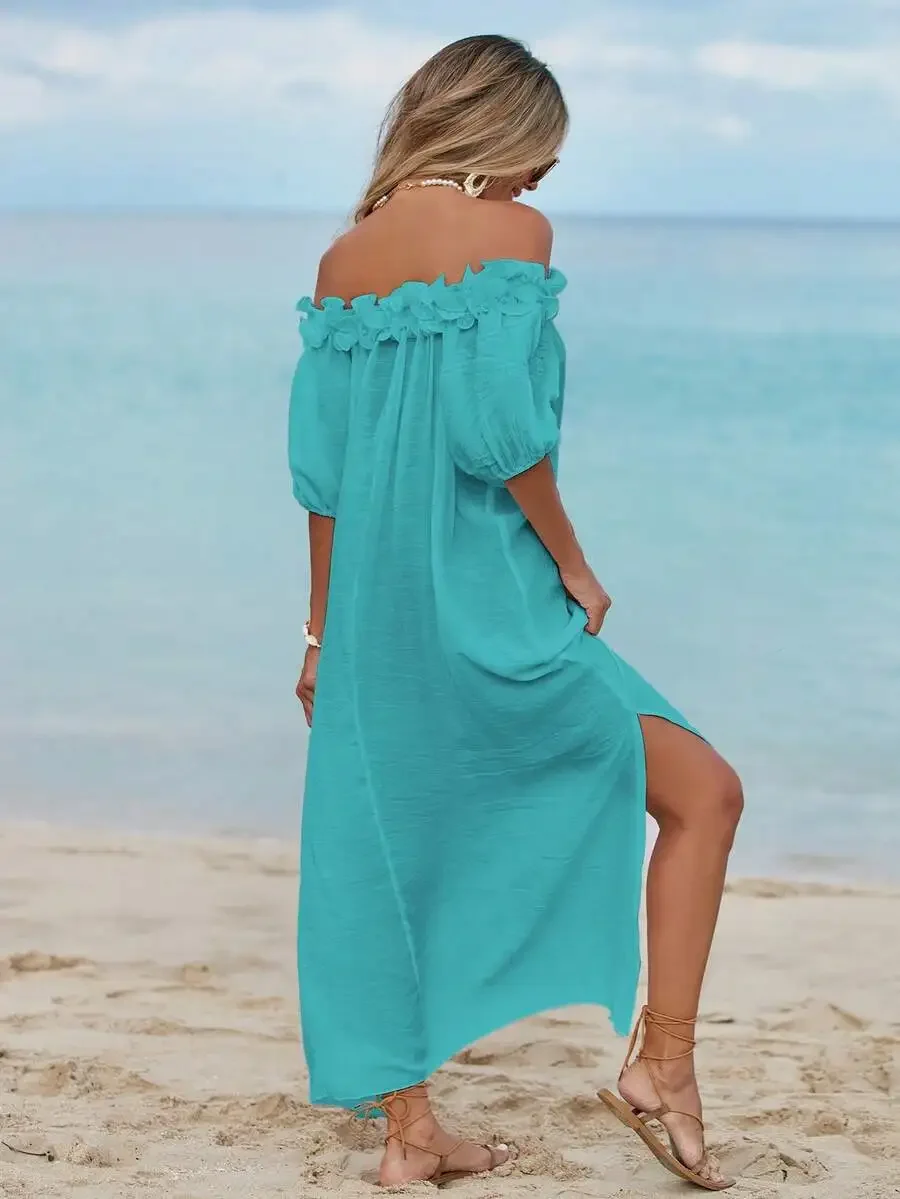 Women Off Shoulder Ruffled Sleeve Loose Beach Midi Dress With Side Split
Women Off Shoulder Ruffled Sleeve Loose Beach Midi Dress With Side Split