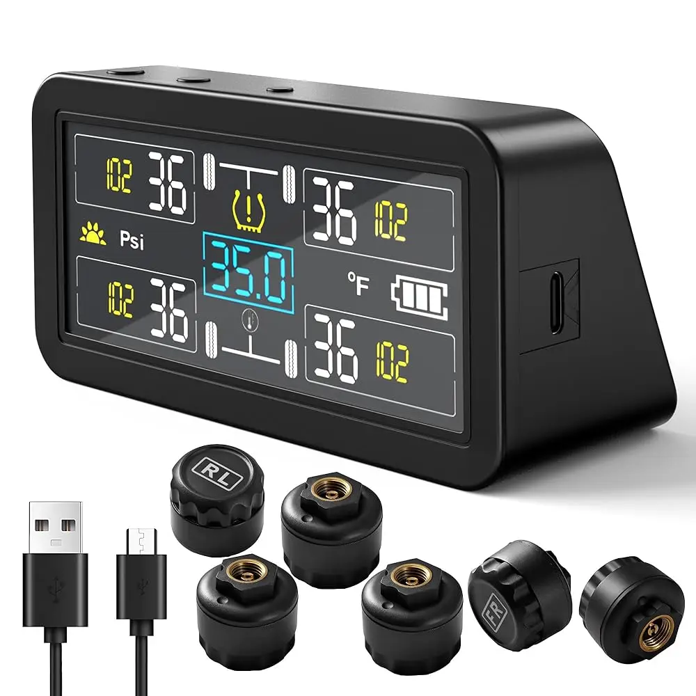 TPMS for RV & Trailer, 6 External Sensors Tire Pressure Monitoring System, 0-143 PSI High Pressure Range, Solar Powered Real-
TPMS for RV & Trailer, 6 External Sensors Tire Pressure Monitoring System, 0-143 PSI High Pressure Range, Solar Powered Real-
