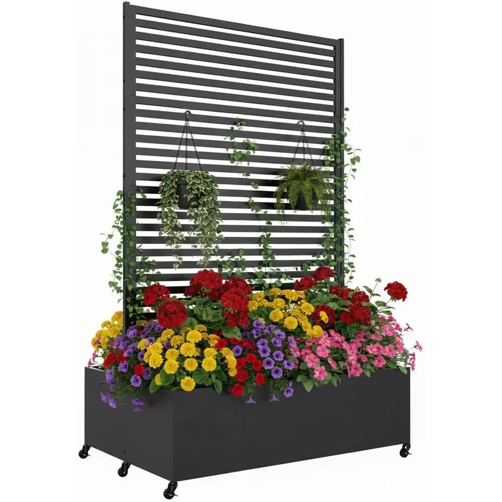 73x 47x 30 Black Metal Planter Box with Trellis, Privacy Screen, and Wheels
73x 47x 30 Black Metal Planter Box with Trellis, Privacy Screen, and Wheels