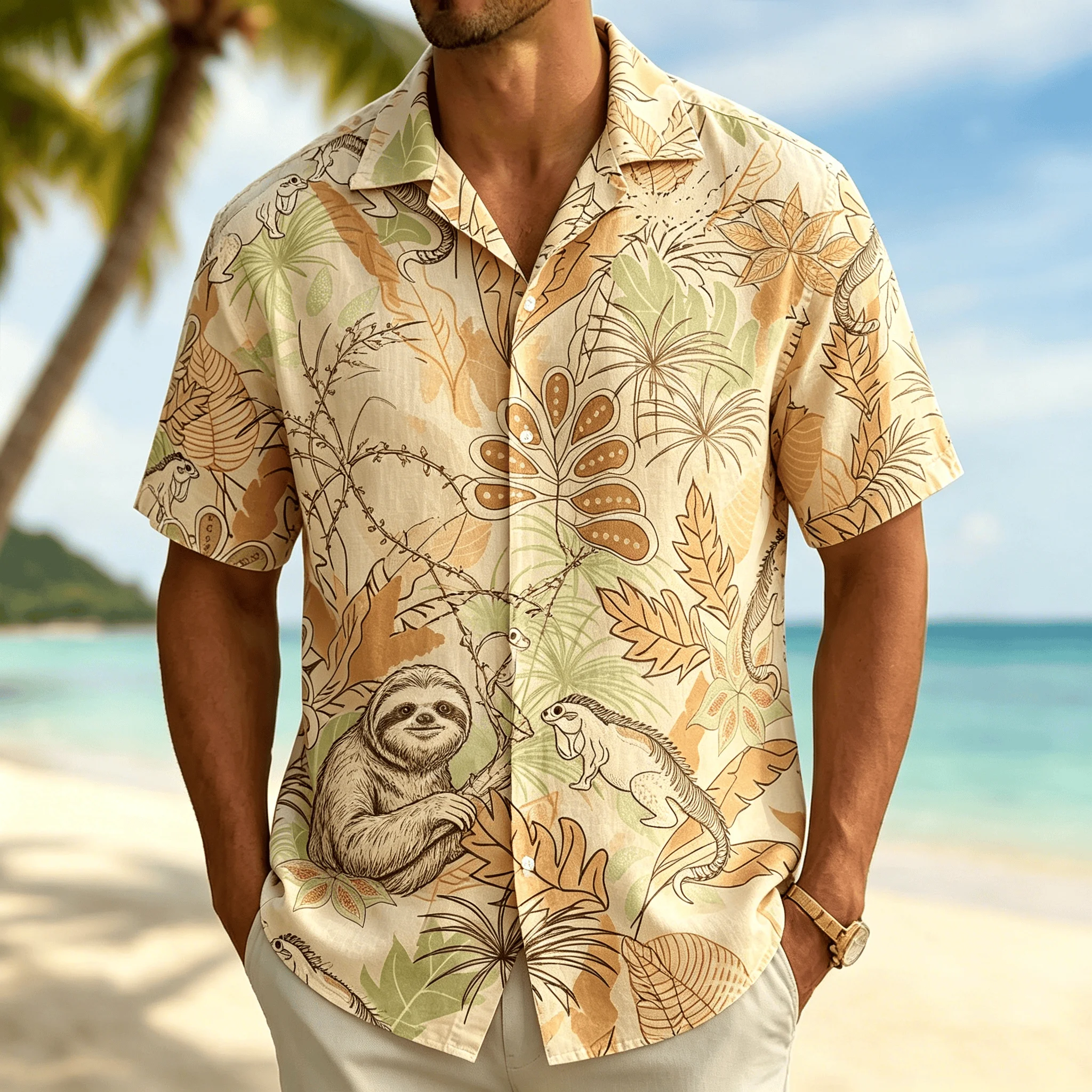 Men's Beige Sloth & Lizard Print Short Sleeve Shirt, Casual Hawaiian Button Down Top with Tropical Leaves for Spring & Summer
Men's Beige Sloth & Lizard Print Short Sleeve Shirt, Casual Hawaiian Button Down Top with Tropical Leaves for Spring & Summer