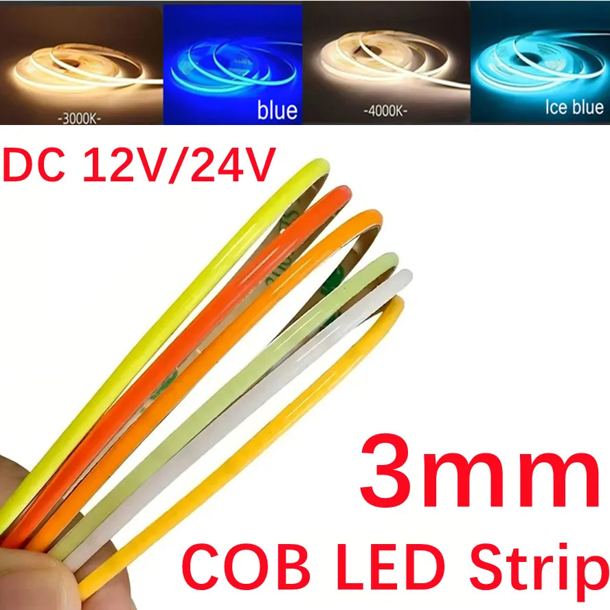 DC12V 24V Colorful COB LED Strip Ultra Thin 3000K 4000K 6000K 3mm Dimming High Density Flexible Light 400LEDs For DIY Home Decor
DC12V 24V Colorful COB LED Strip Ultra Thin 3000K 4000K 6000K 3mm Dimming High Density Flexible Light 400LEDs For DIY Home Decor