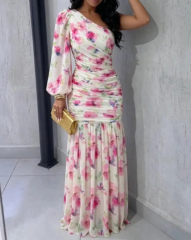 Women's Dress New Floral One Shoulder Evening Dress Elegant Lantern Sleeve Ruched Maxi Gown Casual Sheer Mesh Mermaid Dress
Women's Dress New Floral One Shoulder Evening Dress Elegant Lantern Sleeve Ruched Maxi Gown Casual Sheer Mesh Mermaid Dress