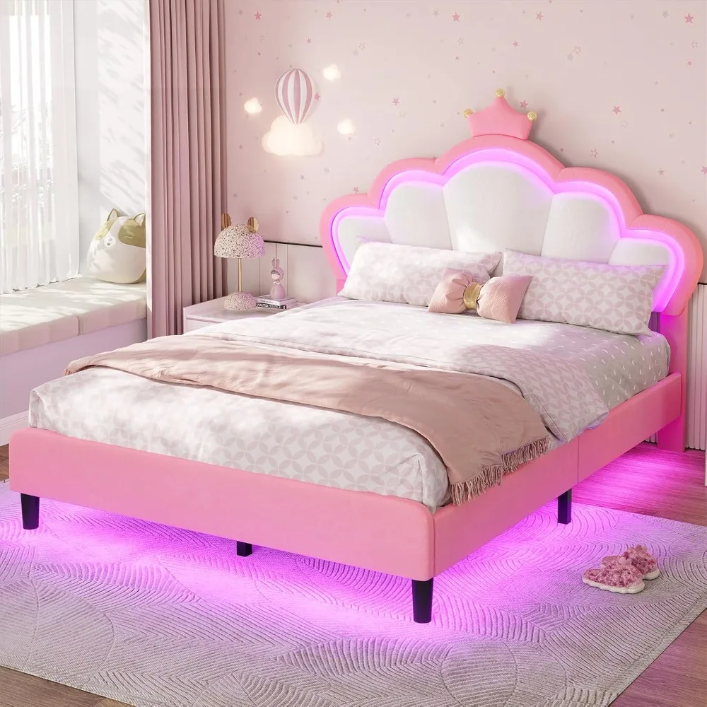 Full Bed Frame with LED Lights, Princess Bed with Double Shell Headboard, Velvet Upholstered Platform Beds with Princess Crown
Full Bed Frame with LED Lights, Princess Bed with Double Shell Headboard, Velvet Upholstered Platform Beds with Princess Crown