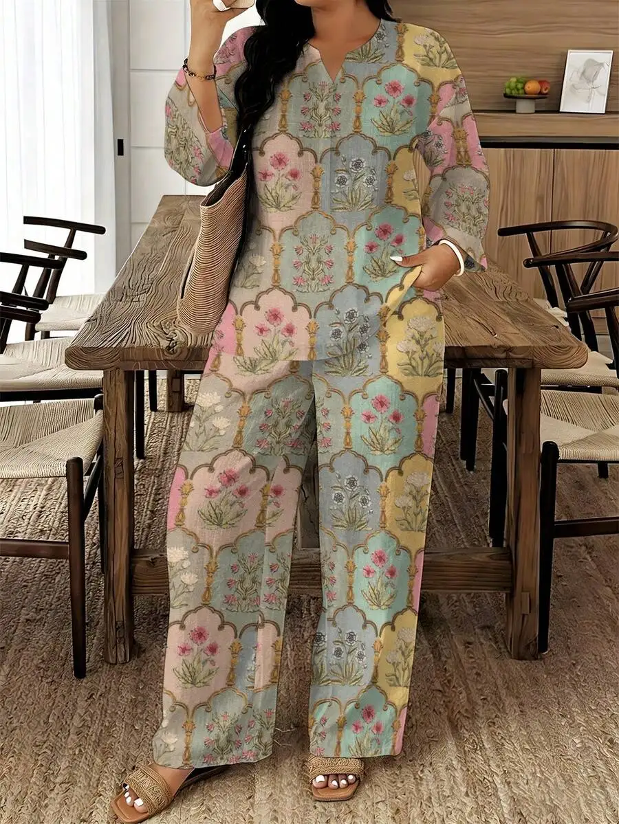 Elegant Retro Floral Two-Piece Women’s Outfit With V-Neck Top And Wide-Leg Pants, Lightweight Breathable Polyester, Plus Size
Elegant Retro Floral Two-Piece Women’s Outfit With V-Neck Top And Wide-Leg Pants, Lightweight Breathable Polyester, Plus Size