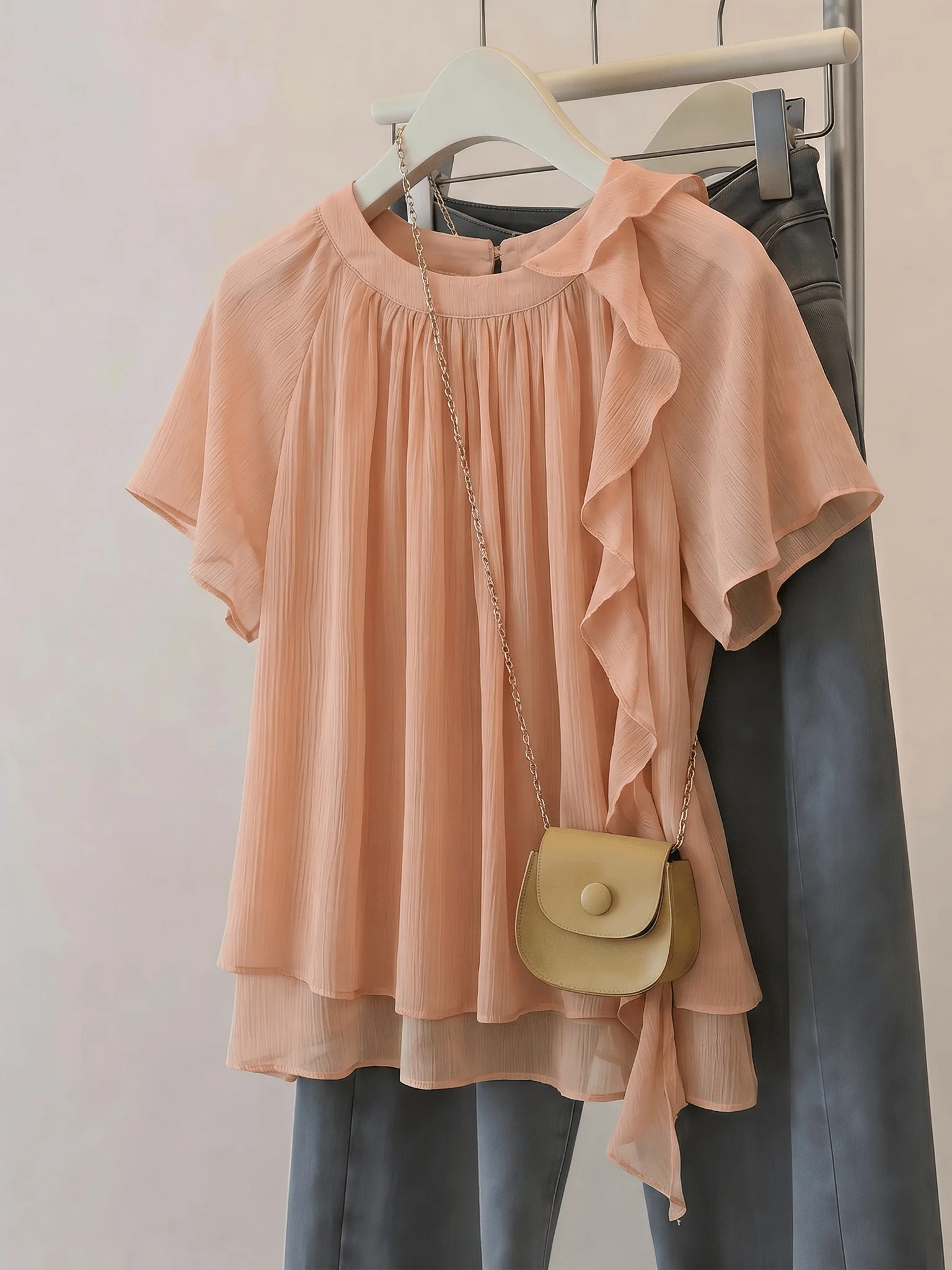 Cherry Blossom Pink Oversized Women's Blouse Beautiful Flounce Sleeveless round Neck Short Sleeve Commute Style Korean Version
Cherry Blossom Pink Oversized Women's Blouse Beautiful Flounce Sleeveless round Neck Short Sleeve Commute Style Korean Version