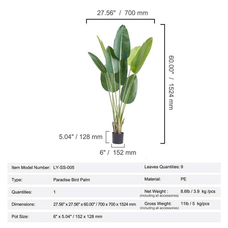 5 FT Lifelike Faux Bird of Paradise Tree, PE Material, Anti-Tip Design, Low-Maintenance Indoor Outdoor Decor
5 FT Lifelike Faux Bird of Paradise Tree, PE Material, Anti-Tip Design, Low-Maintenance Indoor Outdoor Decor