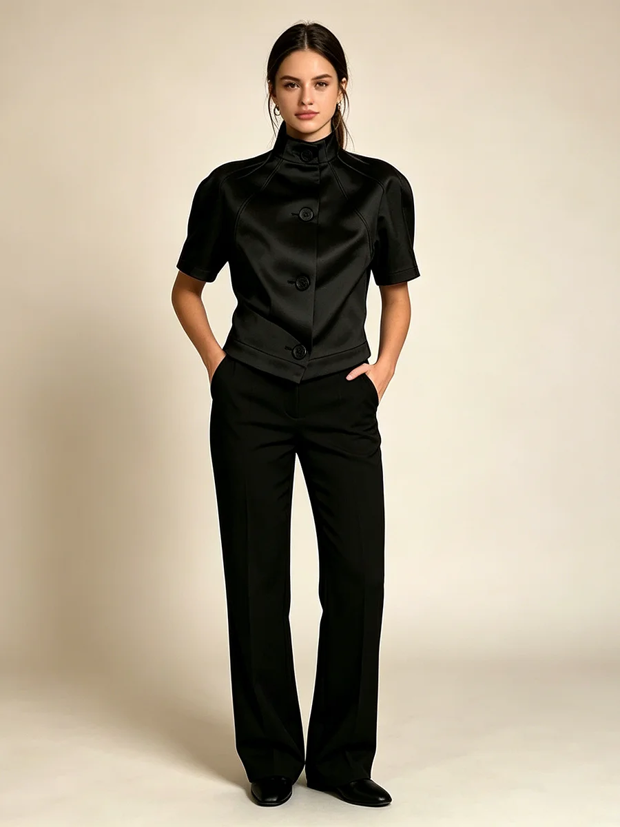 LIMO Stand Collar Puff Sleeve Satin Blazer with Asymmetrical Button Placket
LIMO Stand Collar Puff Sleeve Satin Blazer with Asymmetrical Button Placket