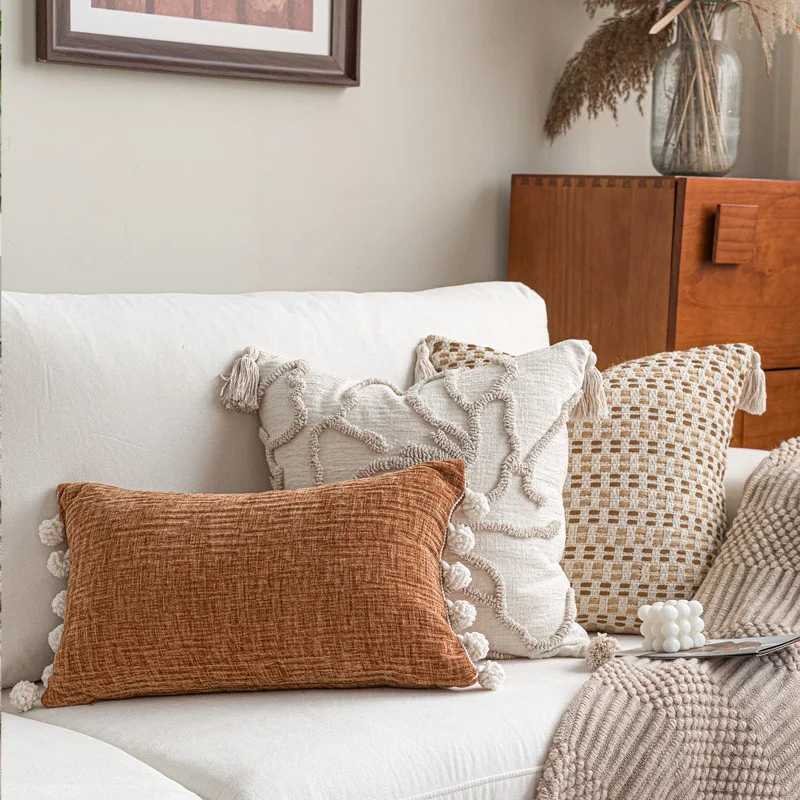 Simple modern Orange Brown cushion cover with wool balls beige coffee woven throw pillow cover
Simple modern Orange Brown cushion cover with wool balls beige coffee woven throw pillow cover